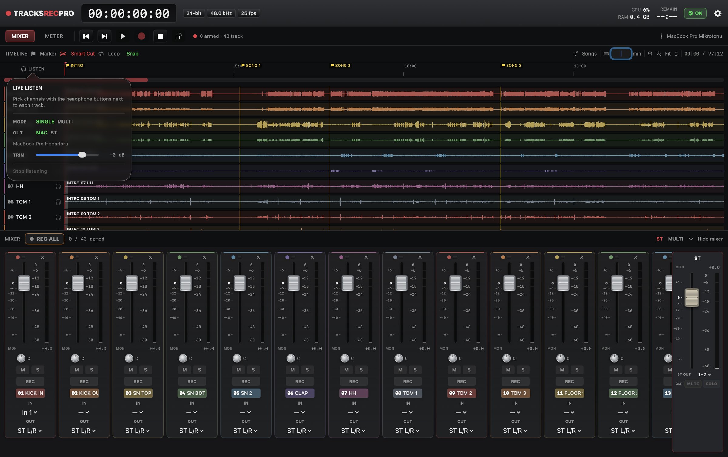 Live listen panel: pick channels, choose the output, set the trim